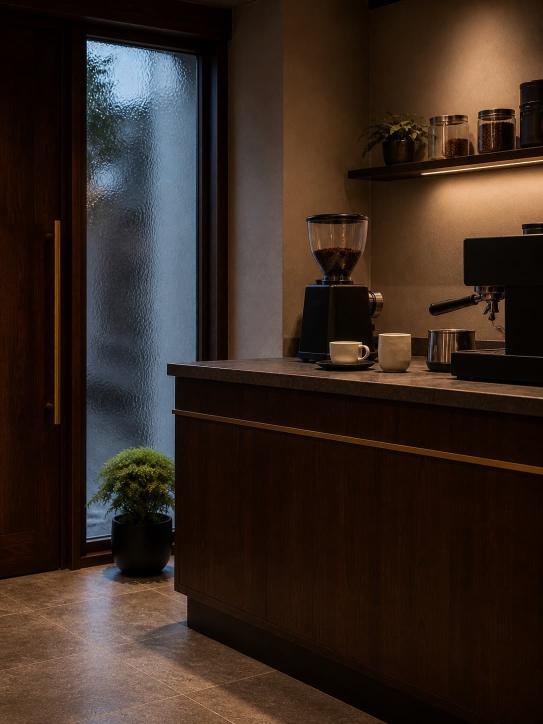 Luz cálida en el mostrador del café.