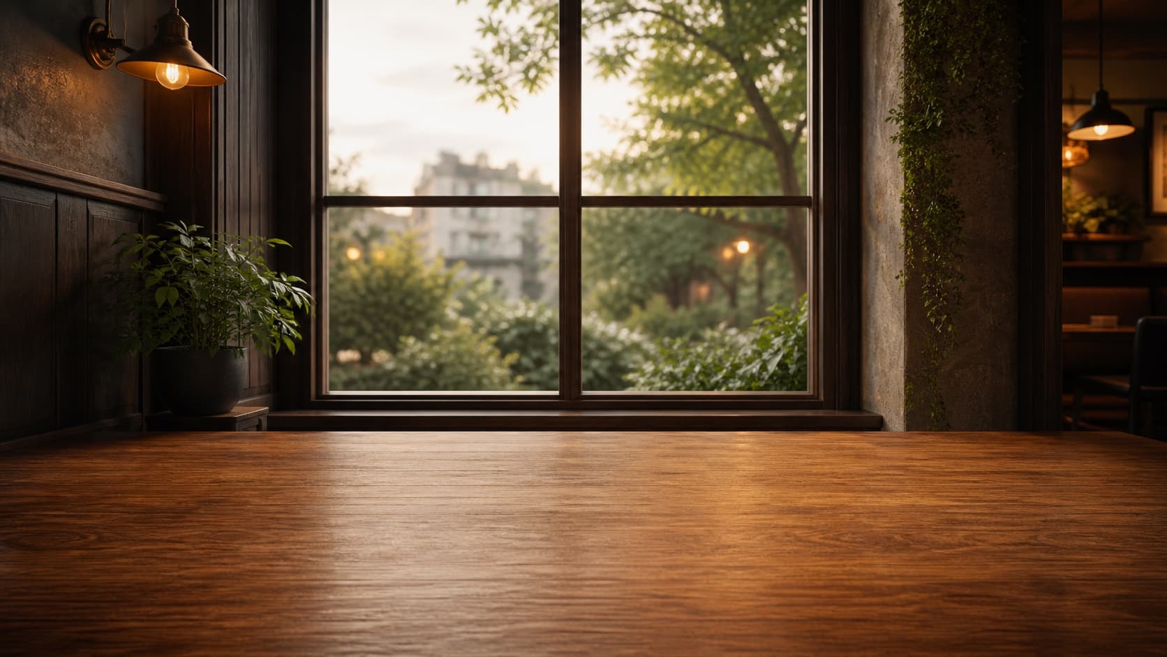 Ein heller Café-Sitzplatz, gesehen von einem Schreibtisch am Fenster